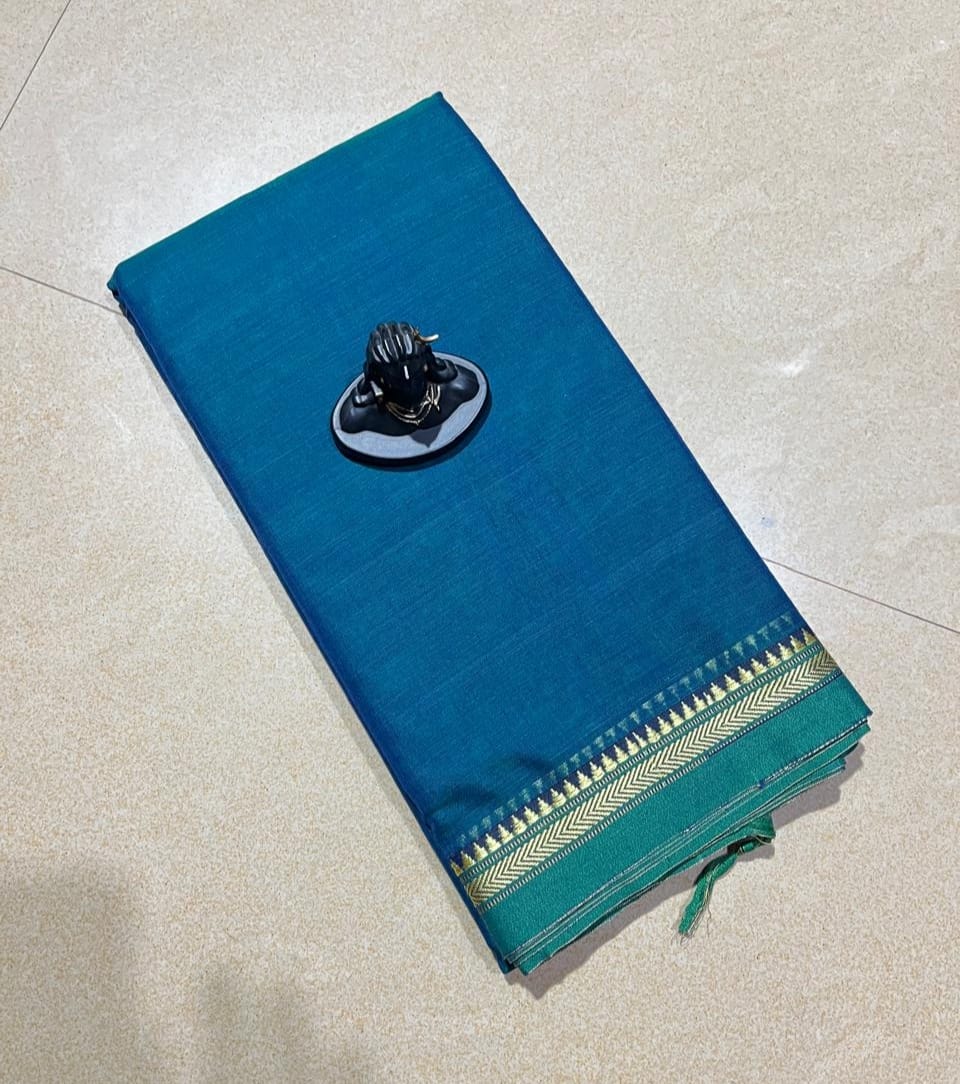 Blue mercerised Narayanpet Cotton sarees with thin border