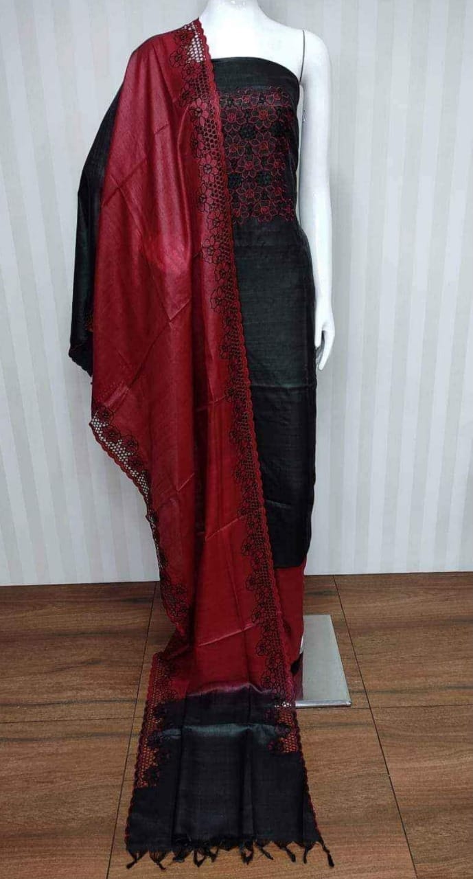 Tussar silk hand cutwork embroidery dress materials
