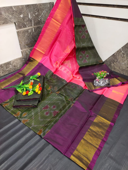 bottle green and pink Uppada soft silk sarees