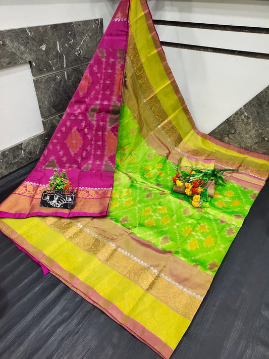 Apple green and pink Uppada soft silk with kanchi border