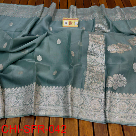 Bluish green pure banarasi georgette chiffon sarees