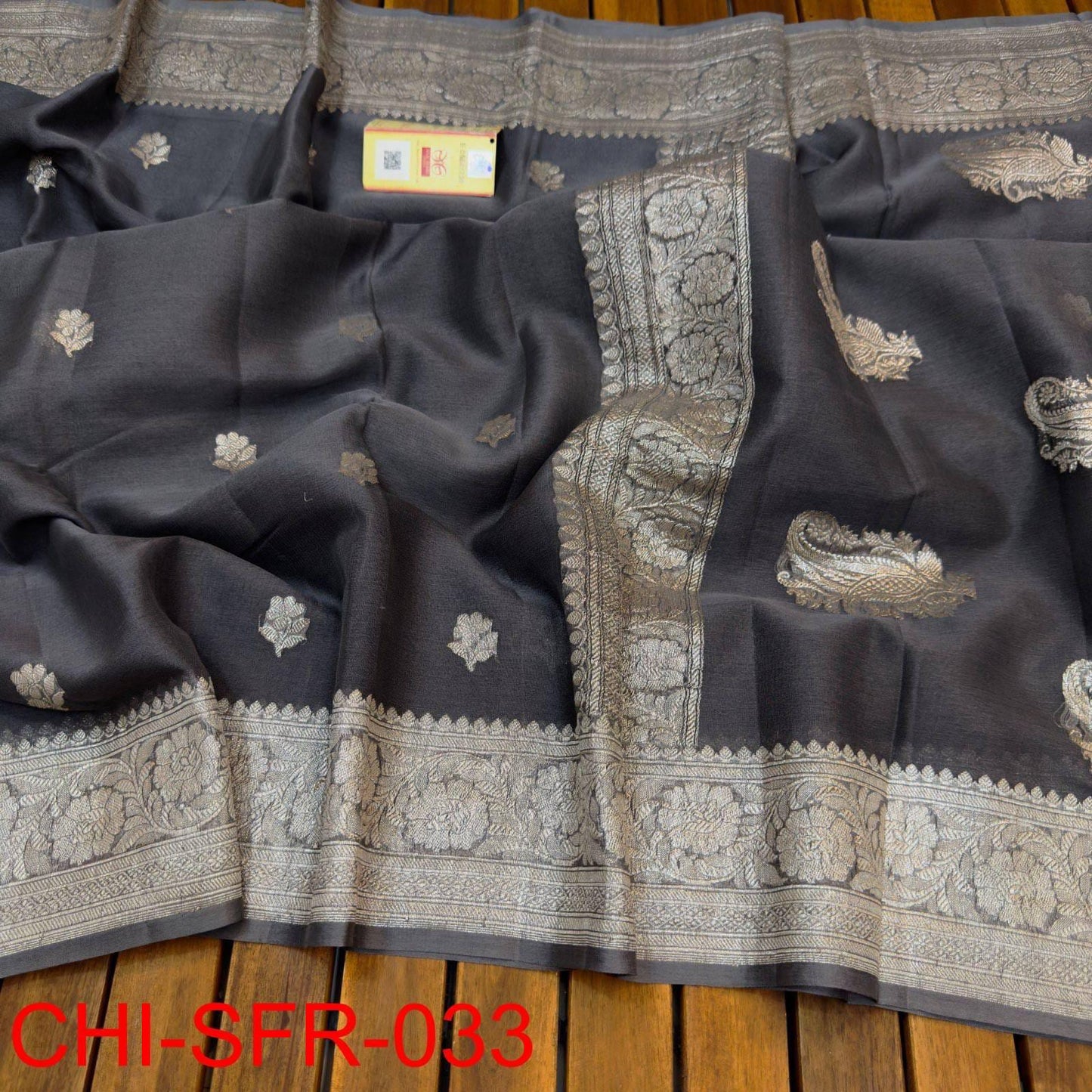 Blackish gray pure banarasi georgette chiffon sarees