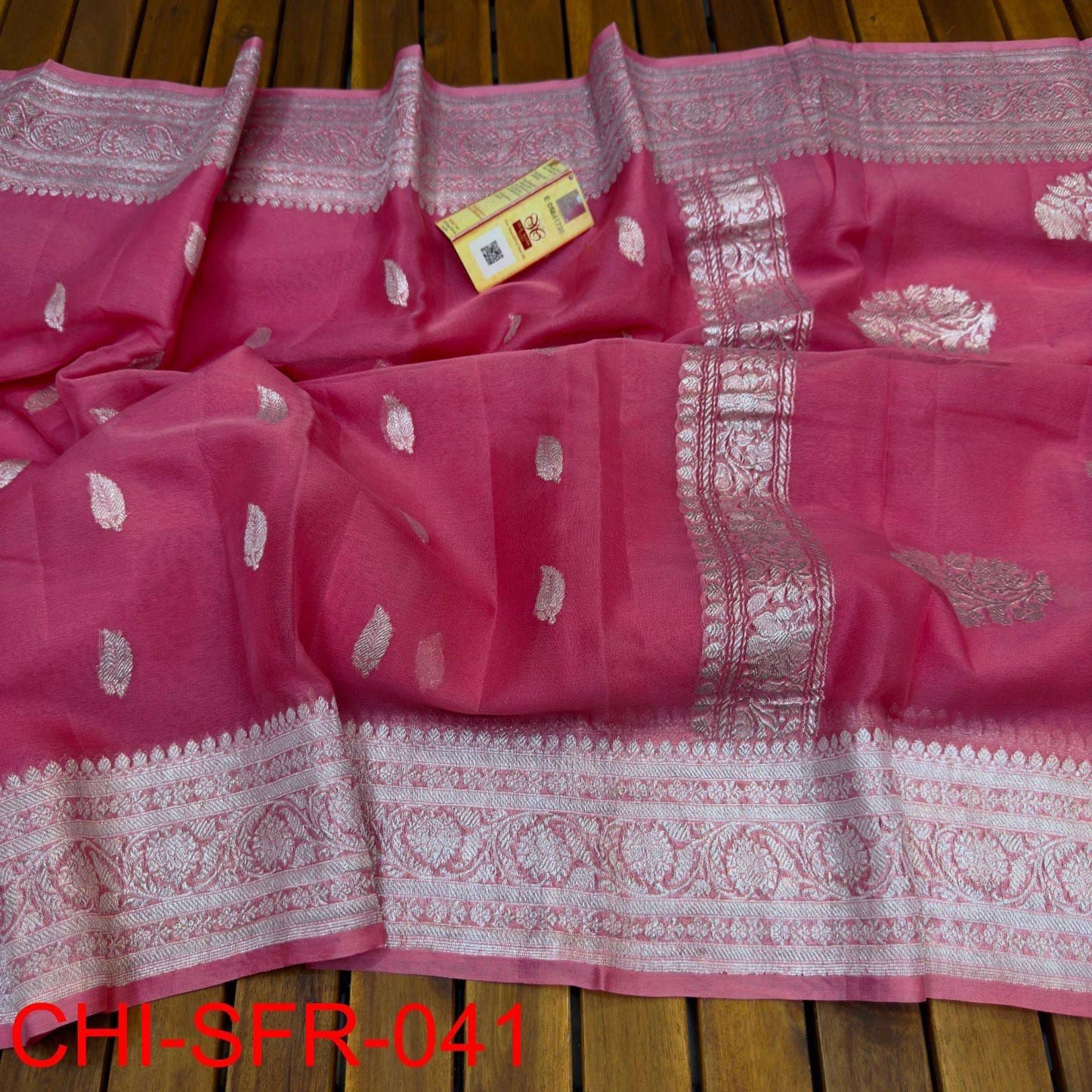 Pinkish red pure banarasi georgette chiffon sarees