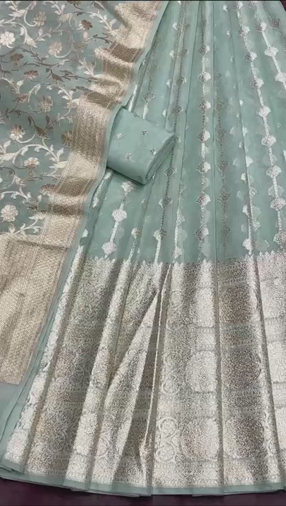 Pastel blue banarasi cotton silk lehenga for elders