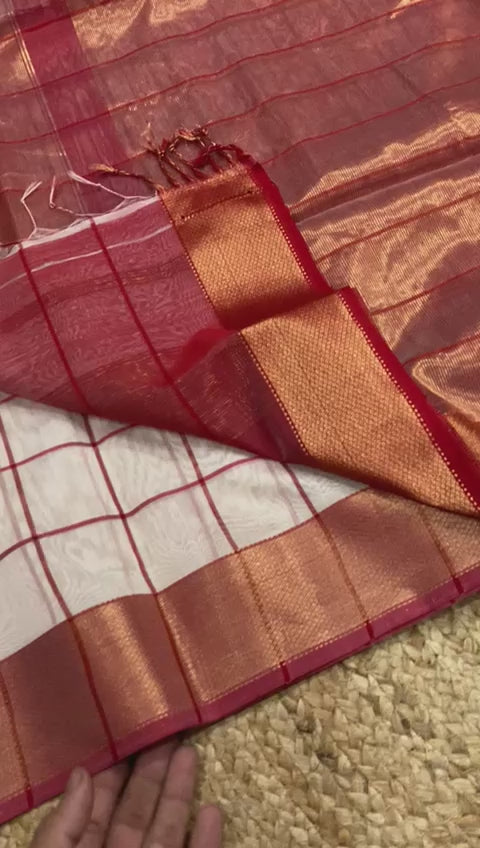 Red and white checks Maheshwari silk sarees
