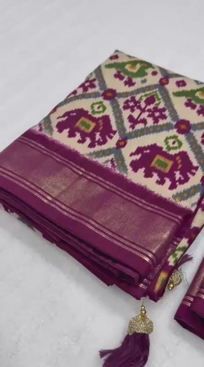 Burgundy munga crepe patola silk sarees