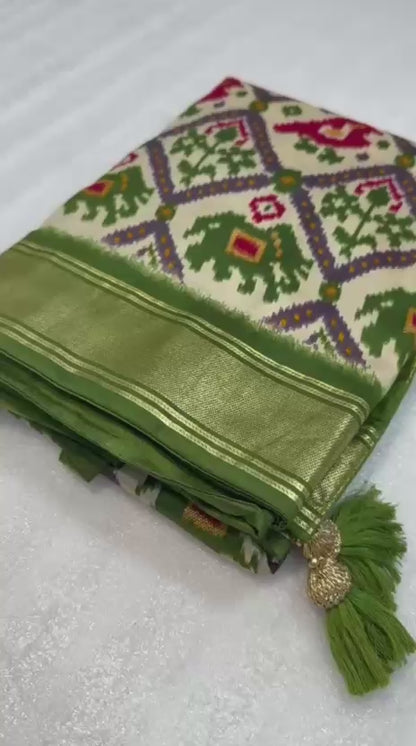Olive green munga crepe patola silk sarees