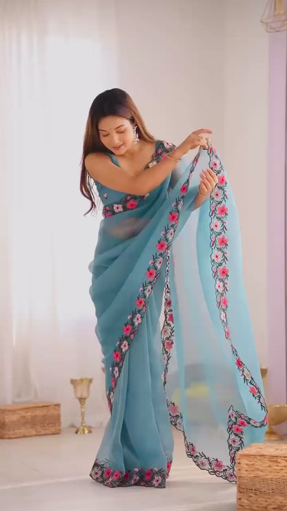 Pastel color faux georgette embroidery sarees