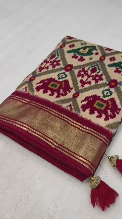 Maroon Munga crepe patola silk sarees