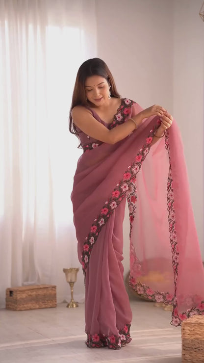 Pastel color faux georgette embroidery sarees