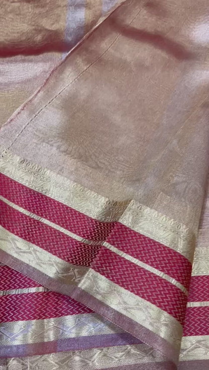 Gold with maroon pure metallic double tissue organza sarees