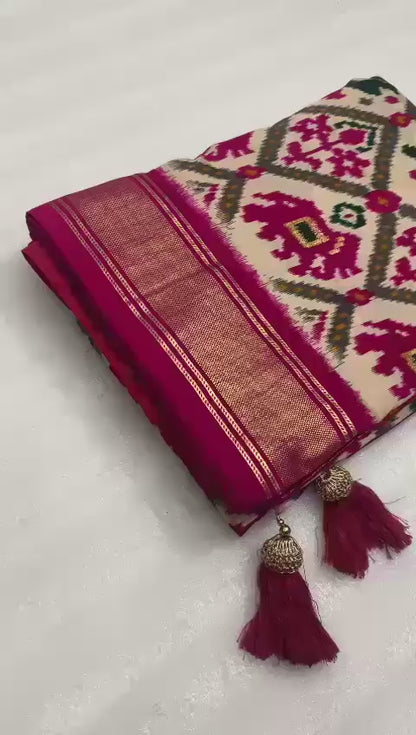 Cream with pink munga crepe patola silk sarees