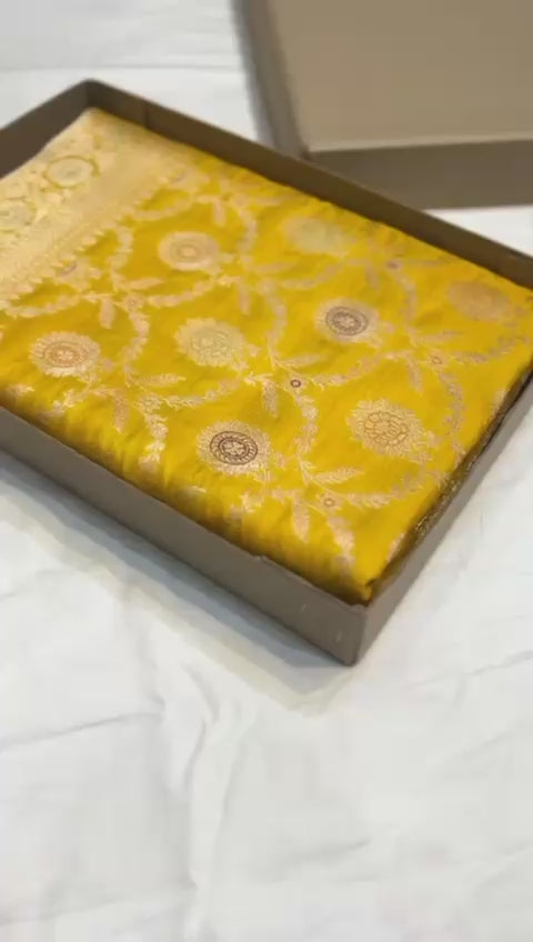 Yellow pure banarasi katan silk sarees