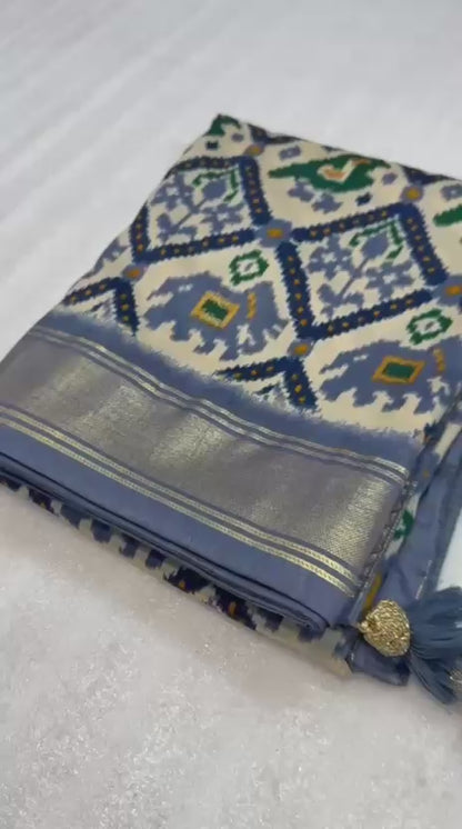 Bluish gray munga crepe patola silk sarees