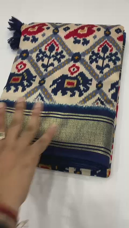 Navy blue munga crepe patola silk sarees
