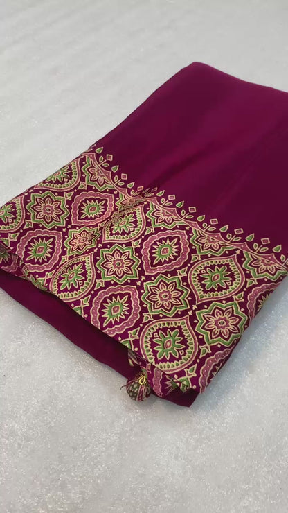 Pure crepe satin ajrakh sarees