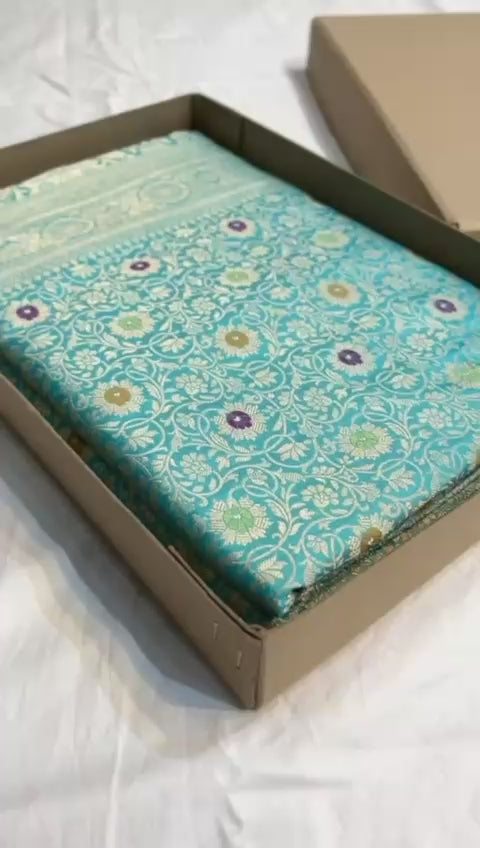 Sky blue pure banarasi katan silk sarees