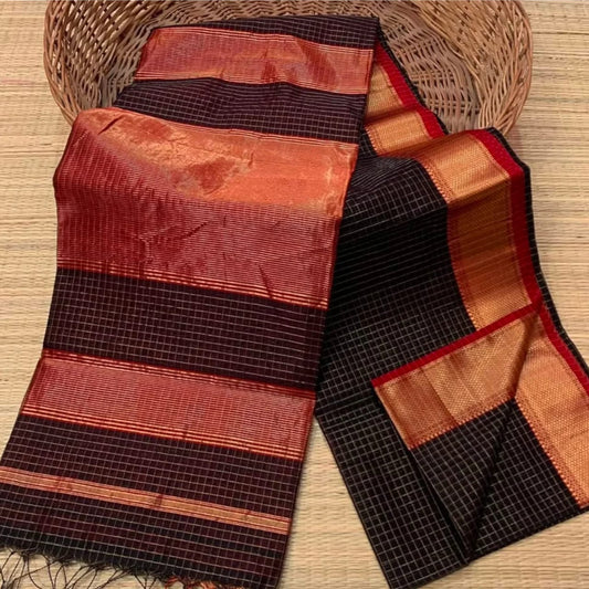 Black and red Maheshwari silk checks sarees