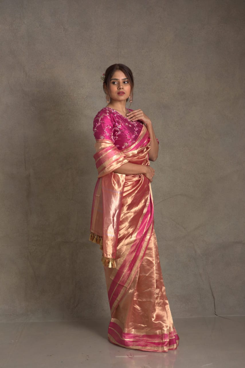 Gold with pink pure metallic double tissue organza sarees