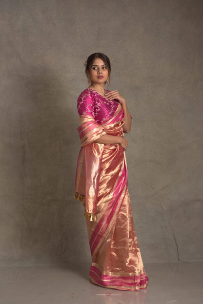 Gold with pink pure metallic double tissue organza sarees