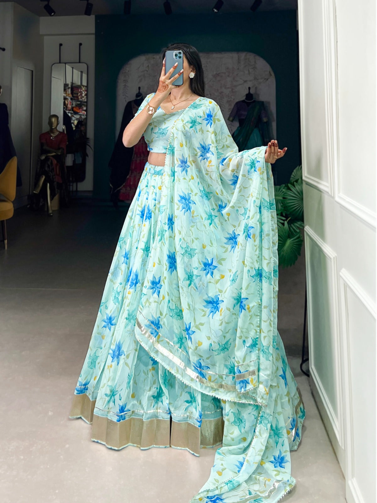 Sky blue silk lehenga