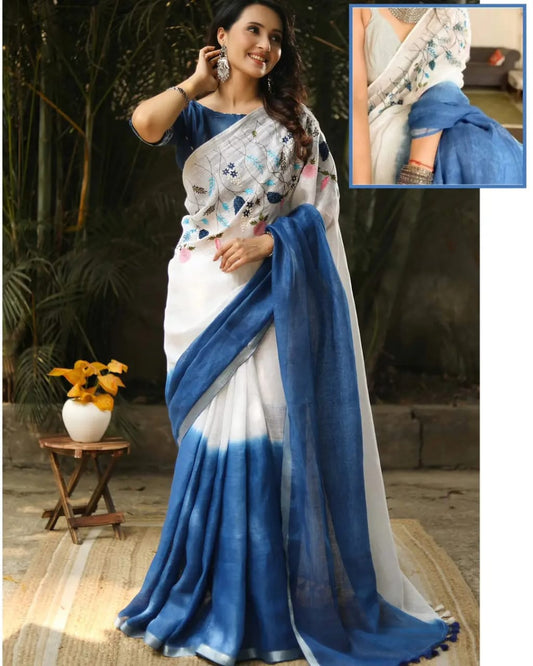 Cream with navy blue pure linen embroidery sarees