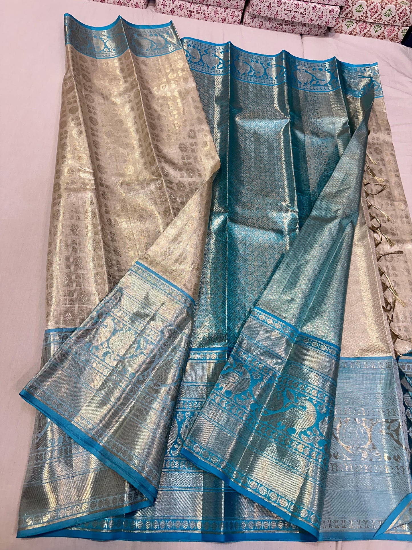 Silver with sky blue pure kanchipuram bridal silk sarees