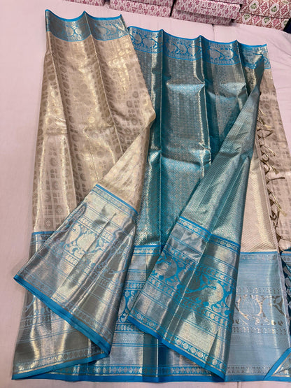 Silver with sky blue pure kanchipuram bridal silk sarees
