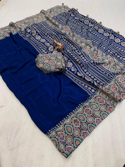 Pure crepe satin ajrakh sarees