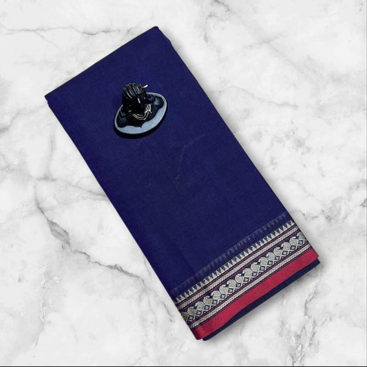 Navy blue Narayanpet Cotton sarees with thin mango border