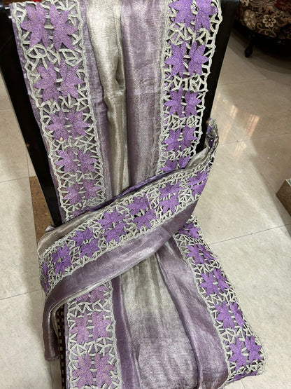 Purple Silver cutwork pure tussar tissue silk sarees