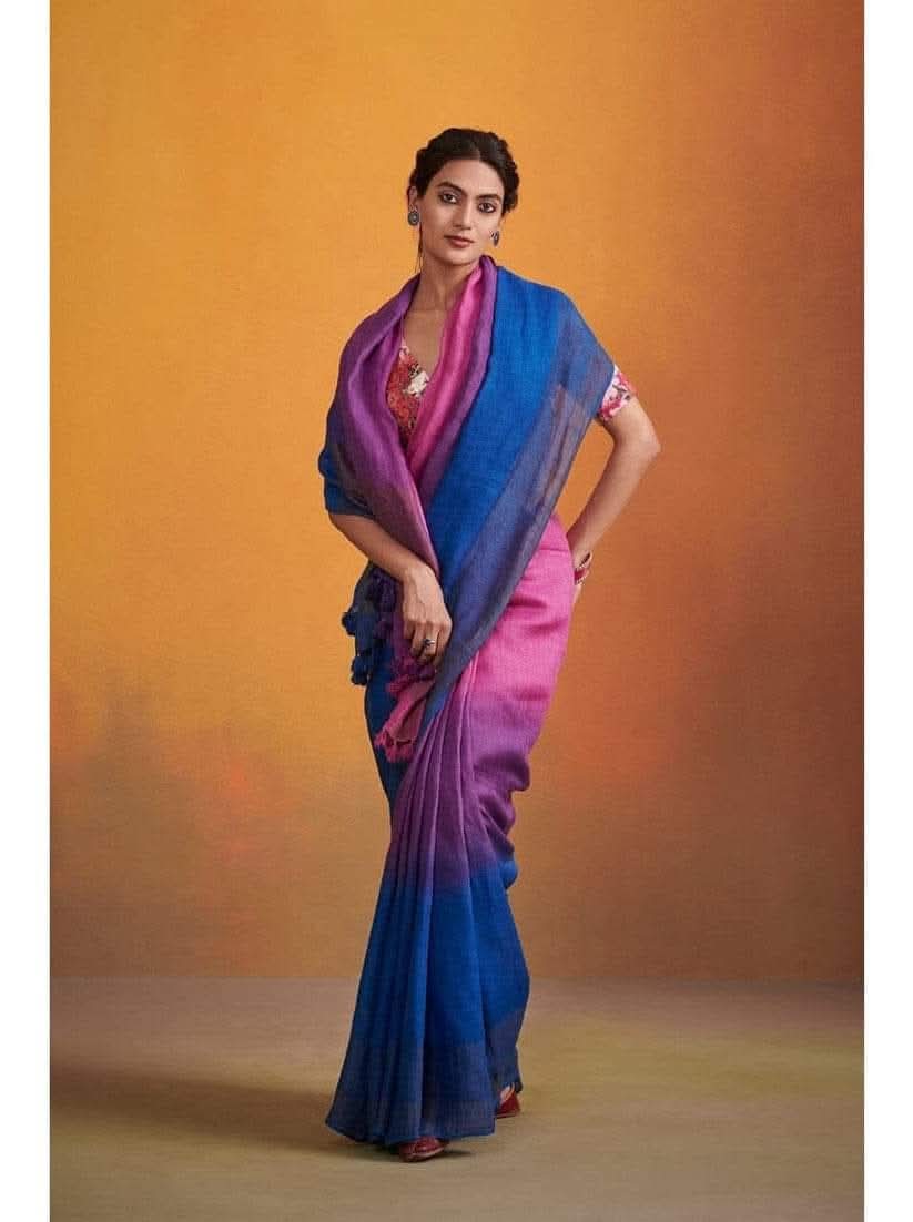 Navy blue with trishade linen by linen sarees