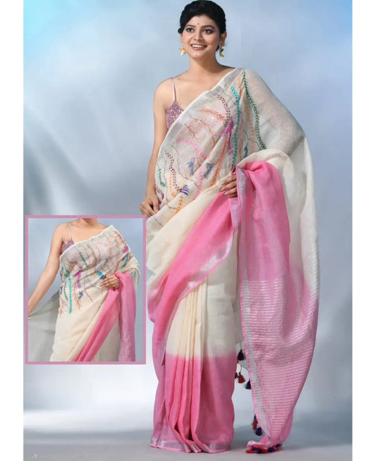 Cream with pink pure linen embroidery sarees