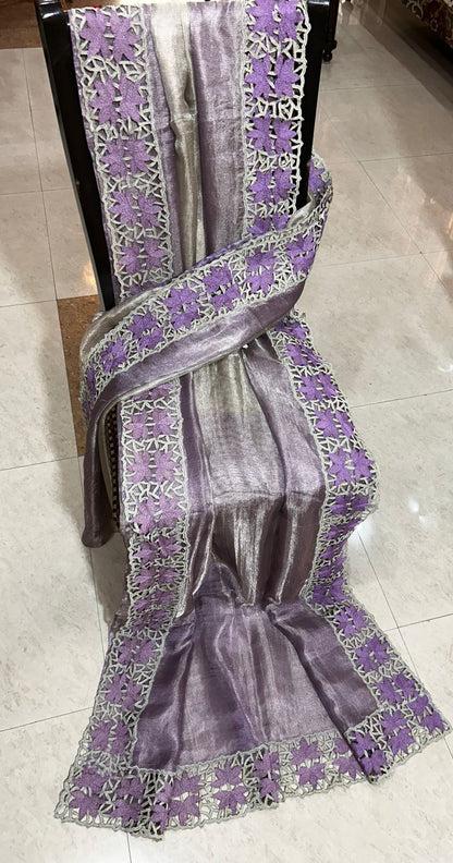 Purple Silver cutwork pure tussar tissue silk sarees