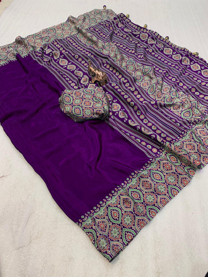 Pure crepe satin ajrakh sarees
