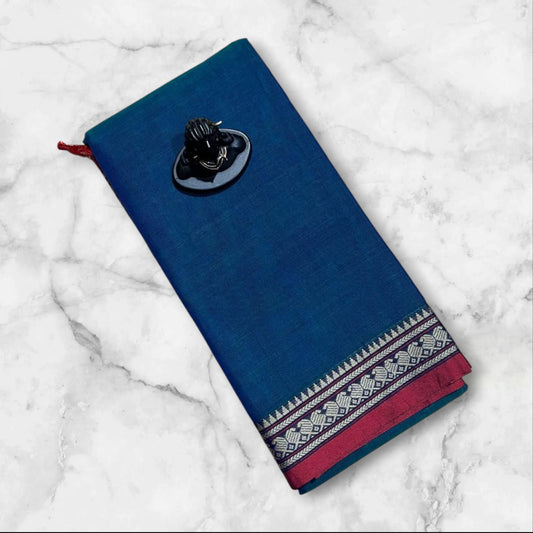 Blue Narayanpet Cotton sarees with thin mango border