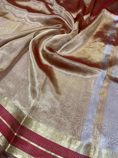 Gold with maroon pure metallic double tissue organza sarees