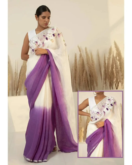 Cream with violet linen embroidery sarees