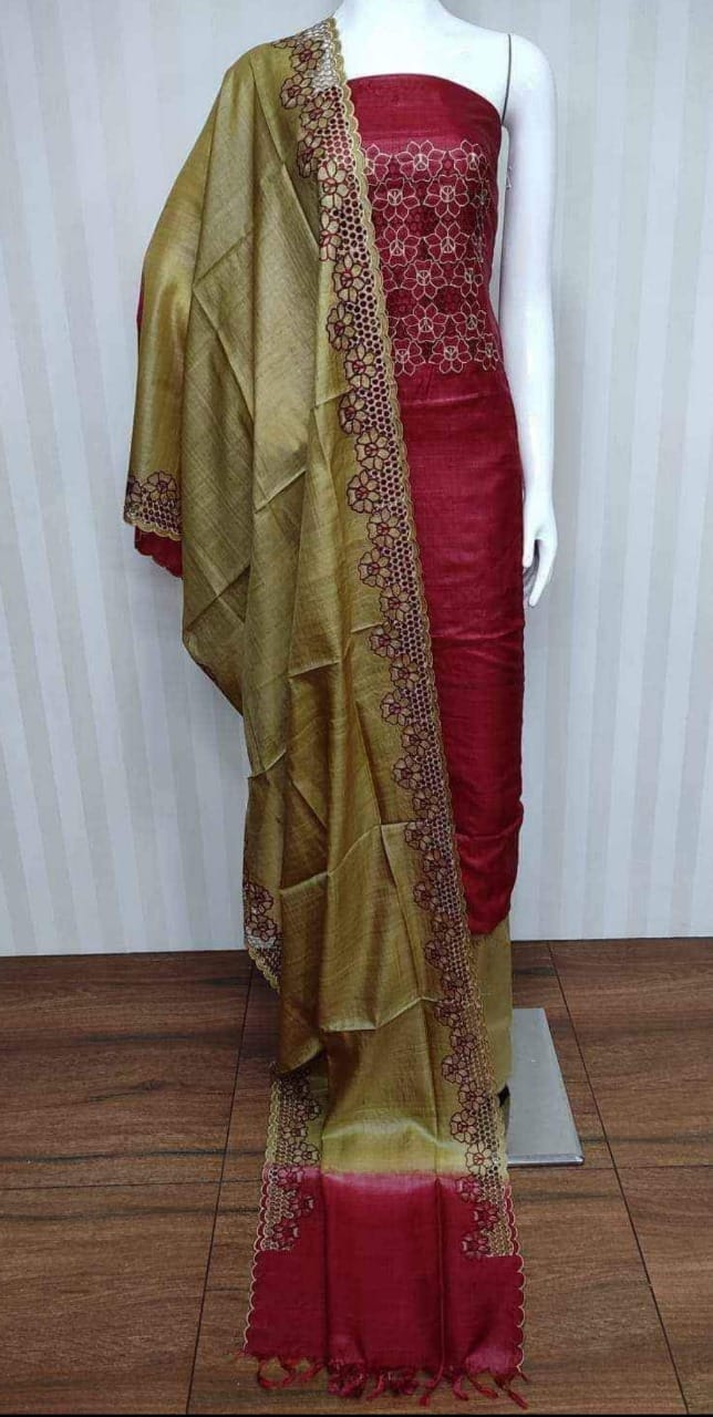 Tussar silk hand cutwork embroidery dress materials