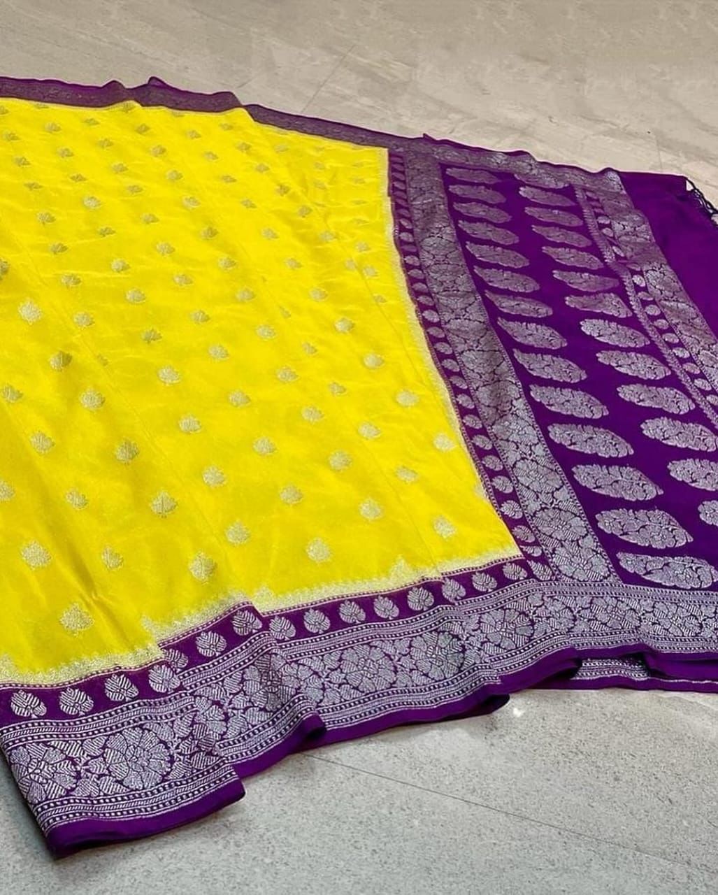 Yellow with dark purple banarasi semi georgette saree