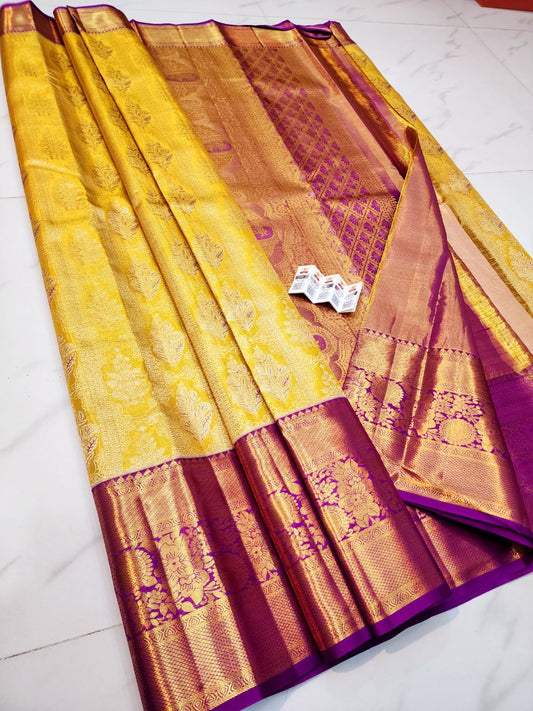 Yellow pure kanchipuram bridal silk sarees