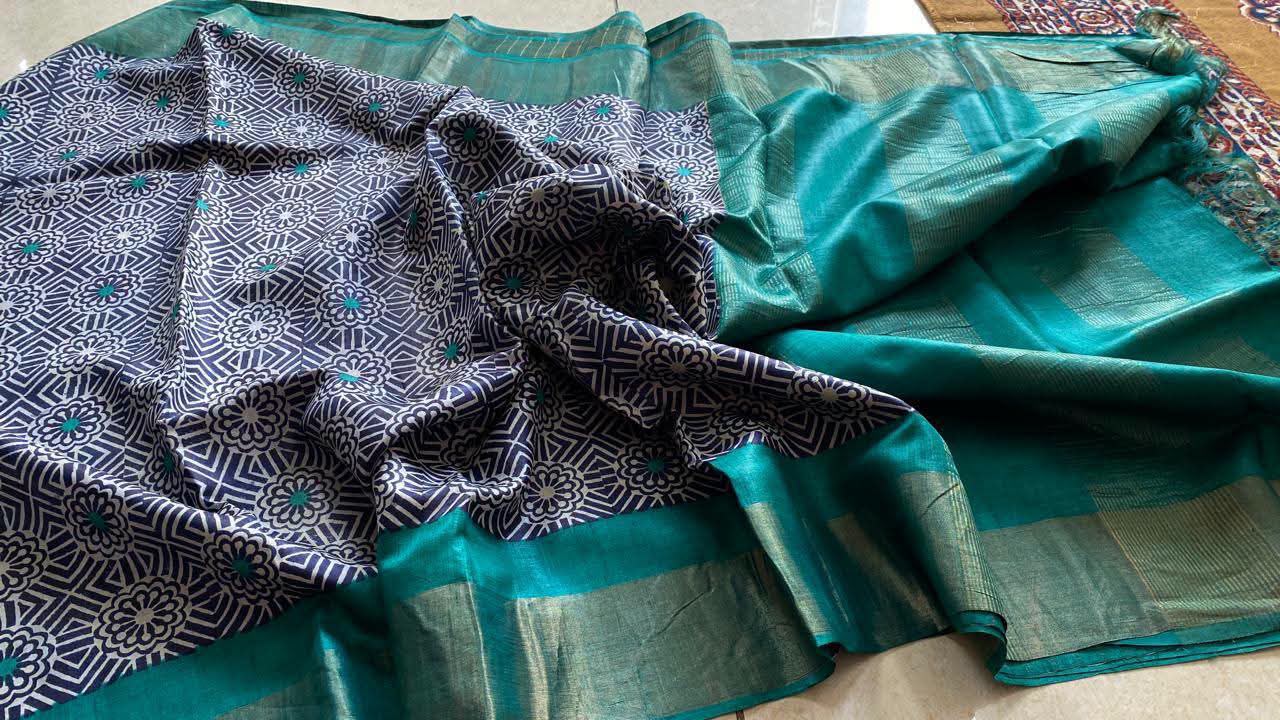 Pure Tussar silk block printed sarees