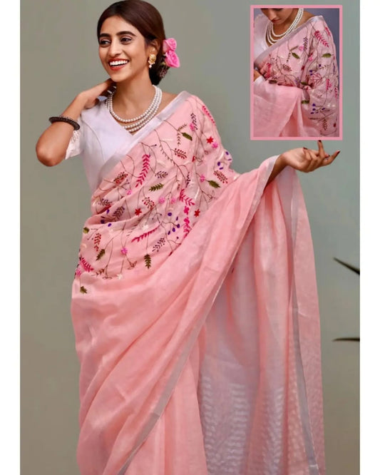 Pink linen embroidery sarees