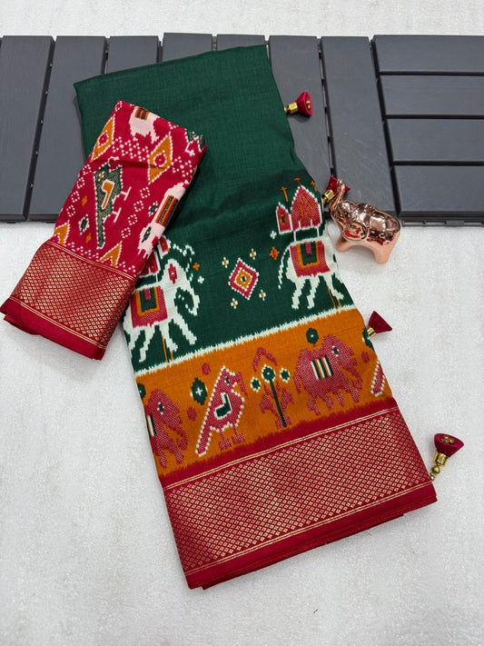 Dark green munga crepe patola silk sarees