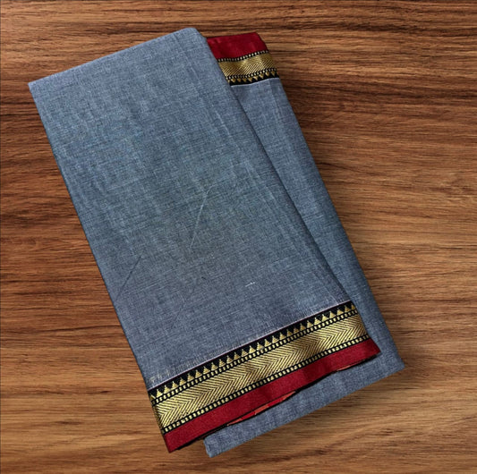 Elephant gray with maroon mercerised Narayanpet Cotton sarees with thin border