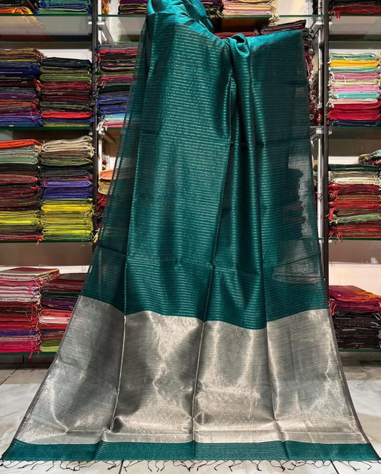 Dark green semi silk striped sarees
