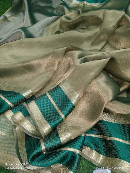 Gold with dark green pure metallic double tissue organza sarees