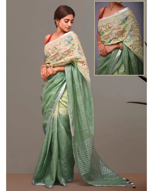 Cream with dark green linen embroidery sarees