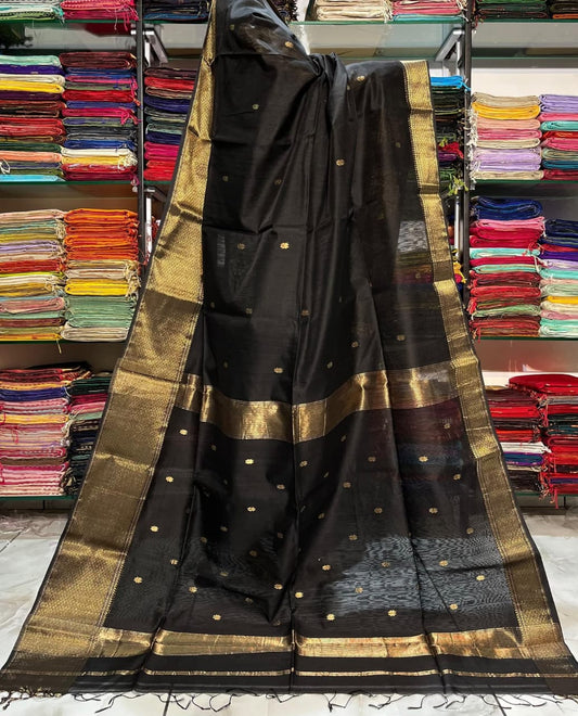 Black Maheshwari silk sarees with big border