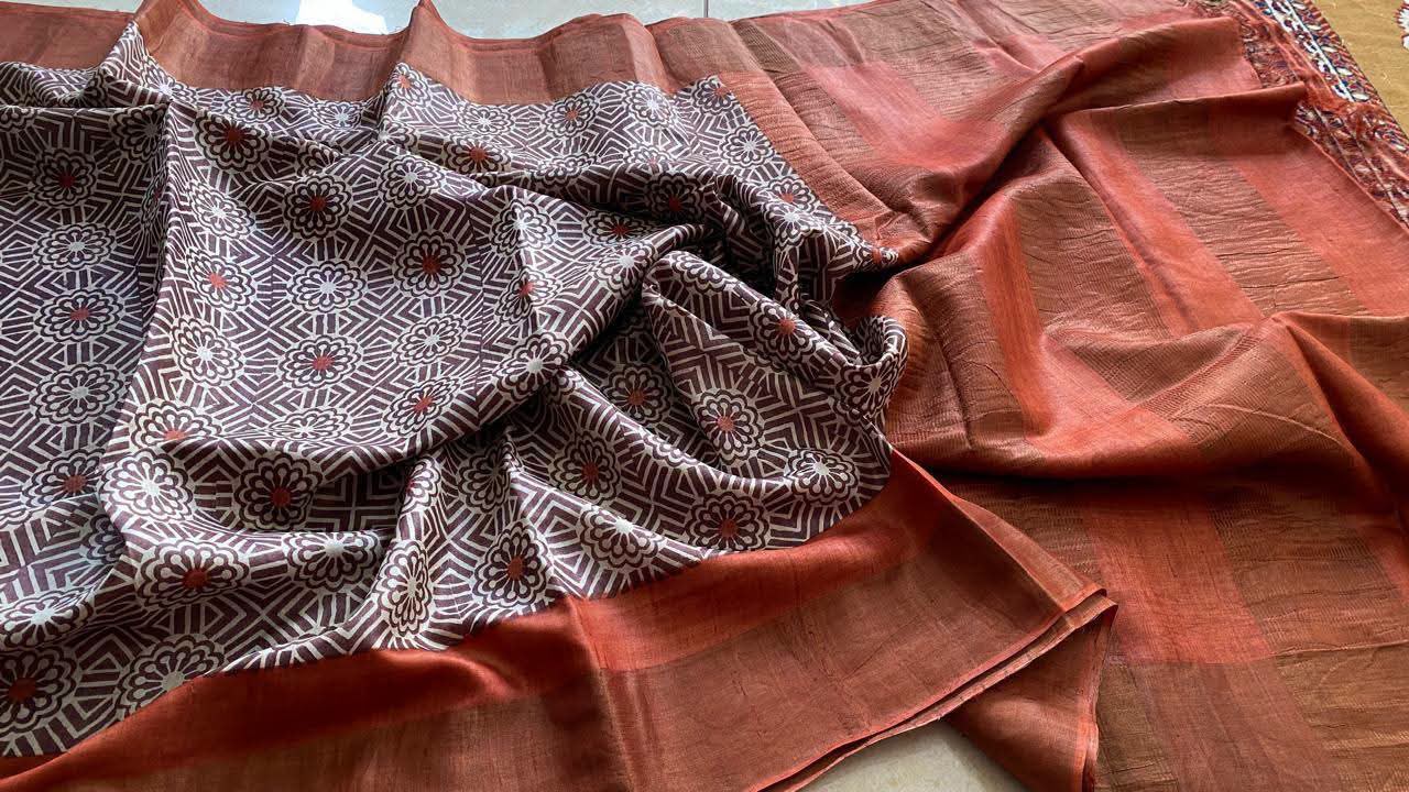 Pure Tussar silk block printed sarees